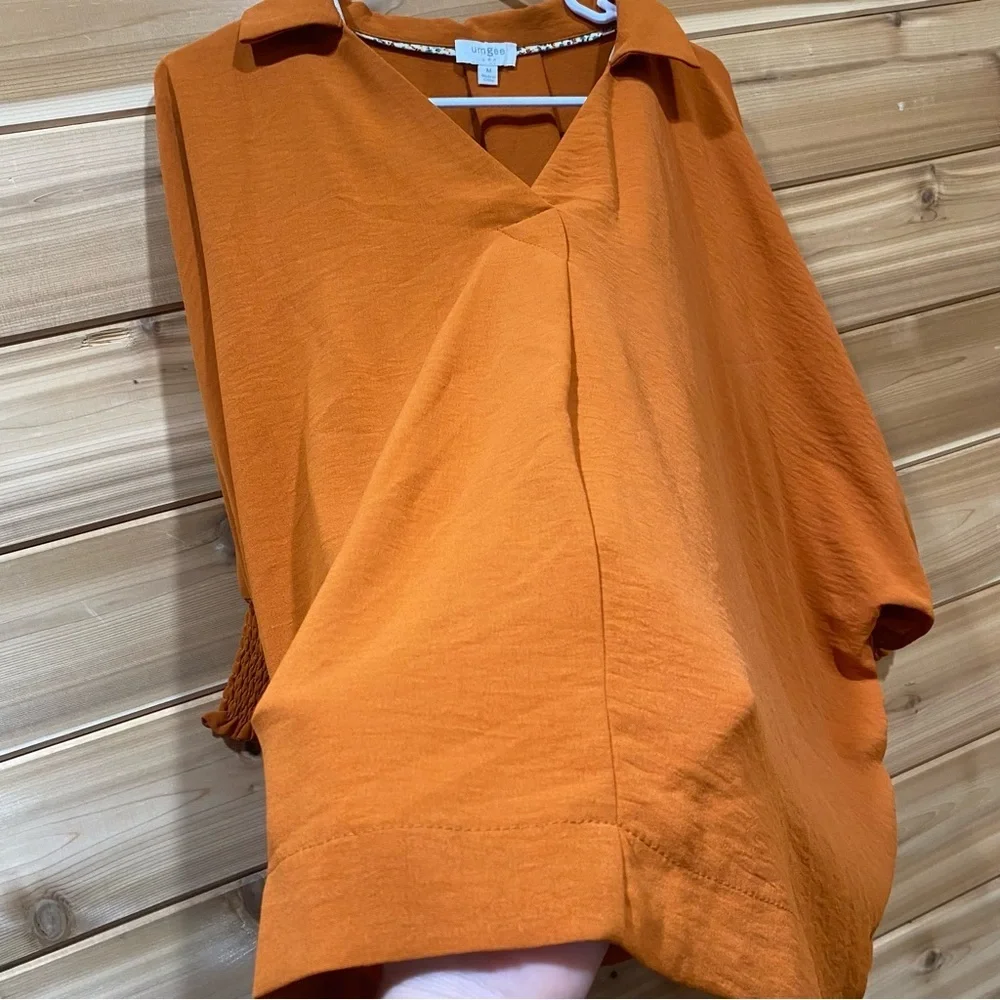 Umgee Womens M Orange‎ V-neckline Noched Collar boho Hippie Top Cuff Long Sleeve
